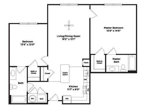 Floor plan for 2 beds, 2 baths, 1070 sqft